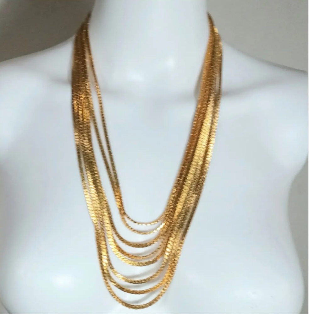 Vintage MONET 8 Row Multi Strand Satin Gold Tone Chain Bib Necklace 80's 28 in